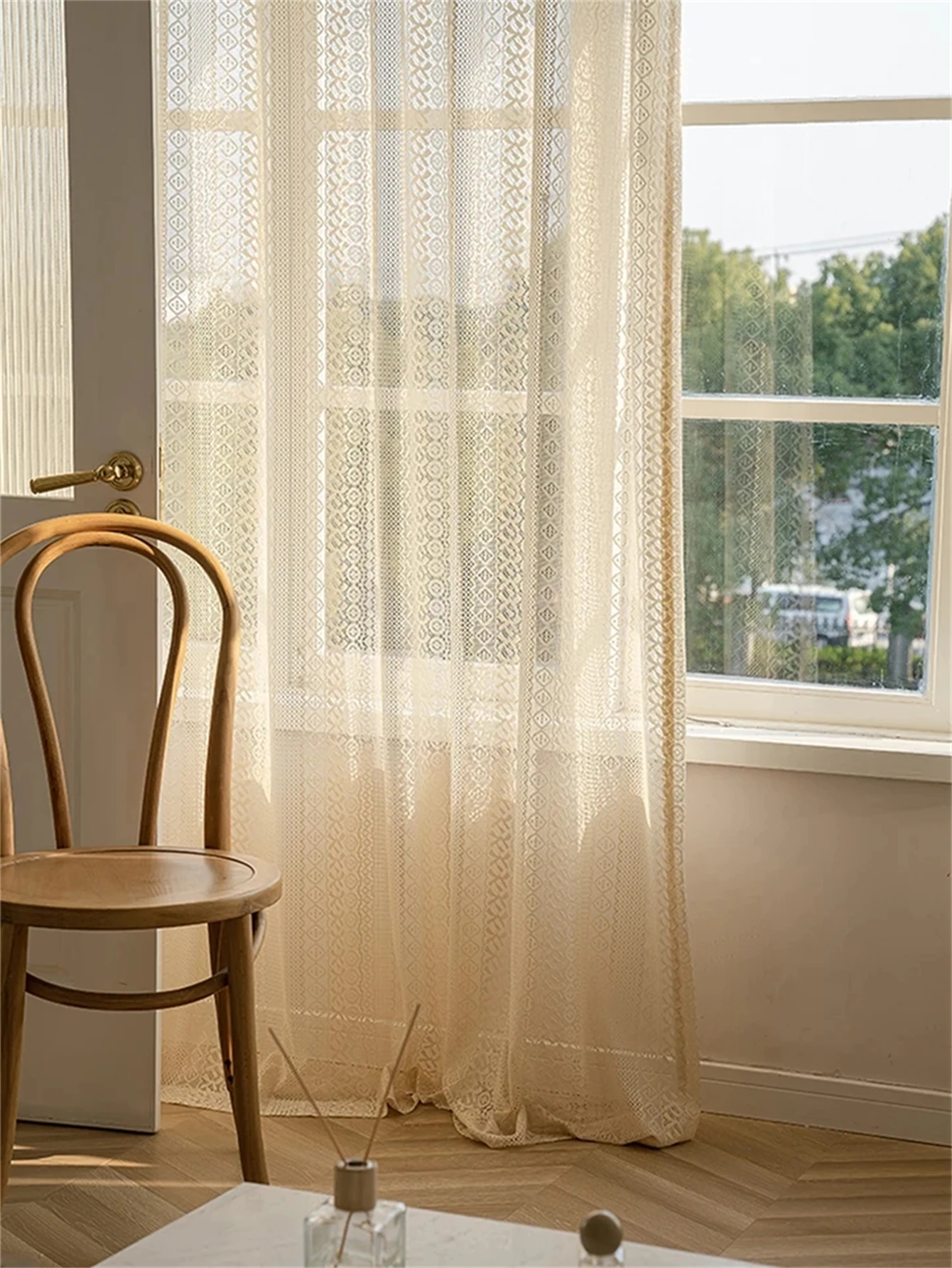 1PC Japanese Boho Style Voile Tulle，Beige Vintage Argyle Geometric Sheer Curtain，Rod Pocket，for the Living Room Decor