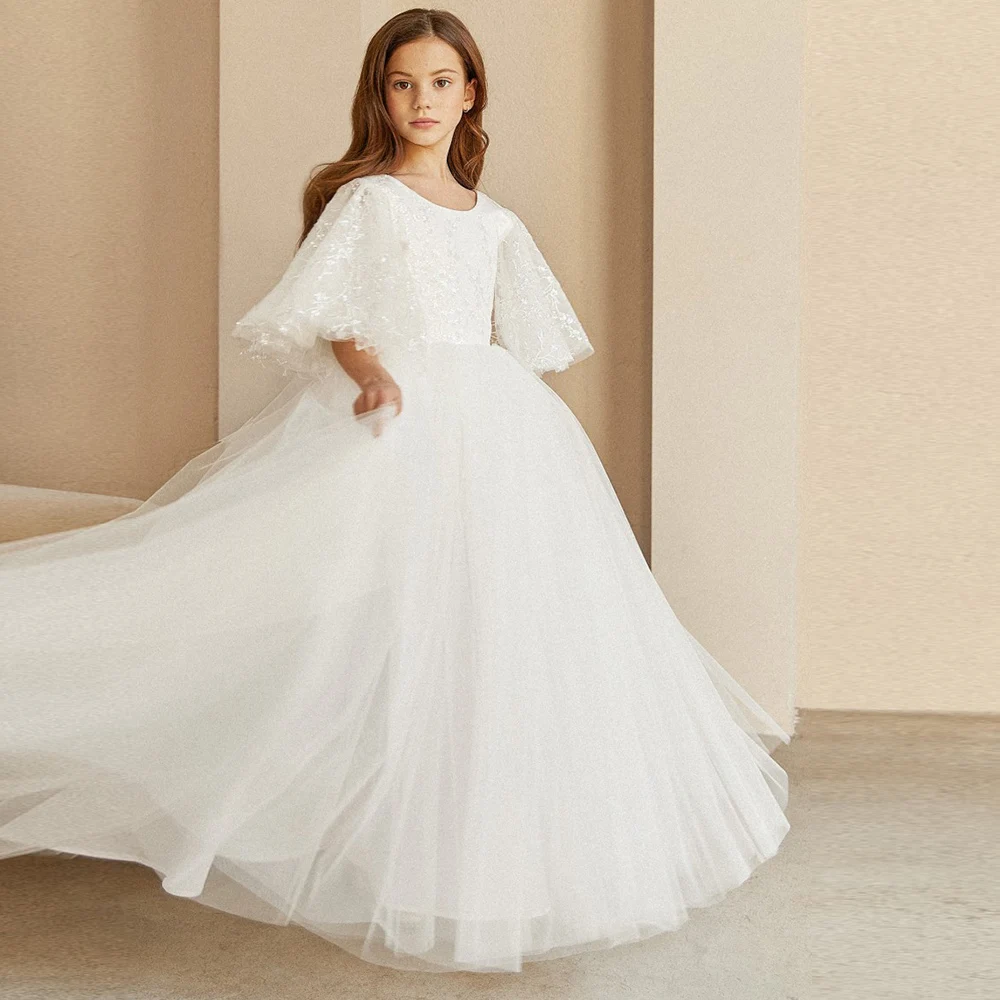 A Line White Flower Girl Dresses White Puffy Tulle Floor Length with Applique 2024 New Spring Child Wedding Dress Vestidos De