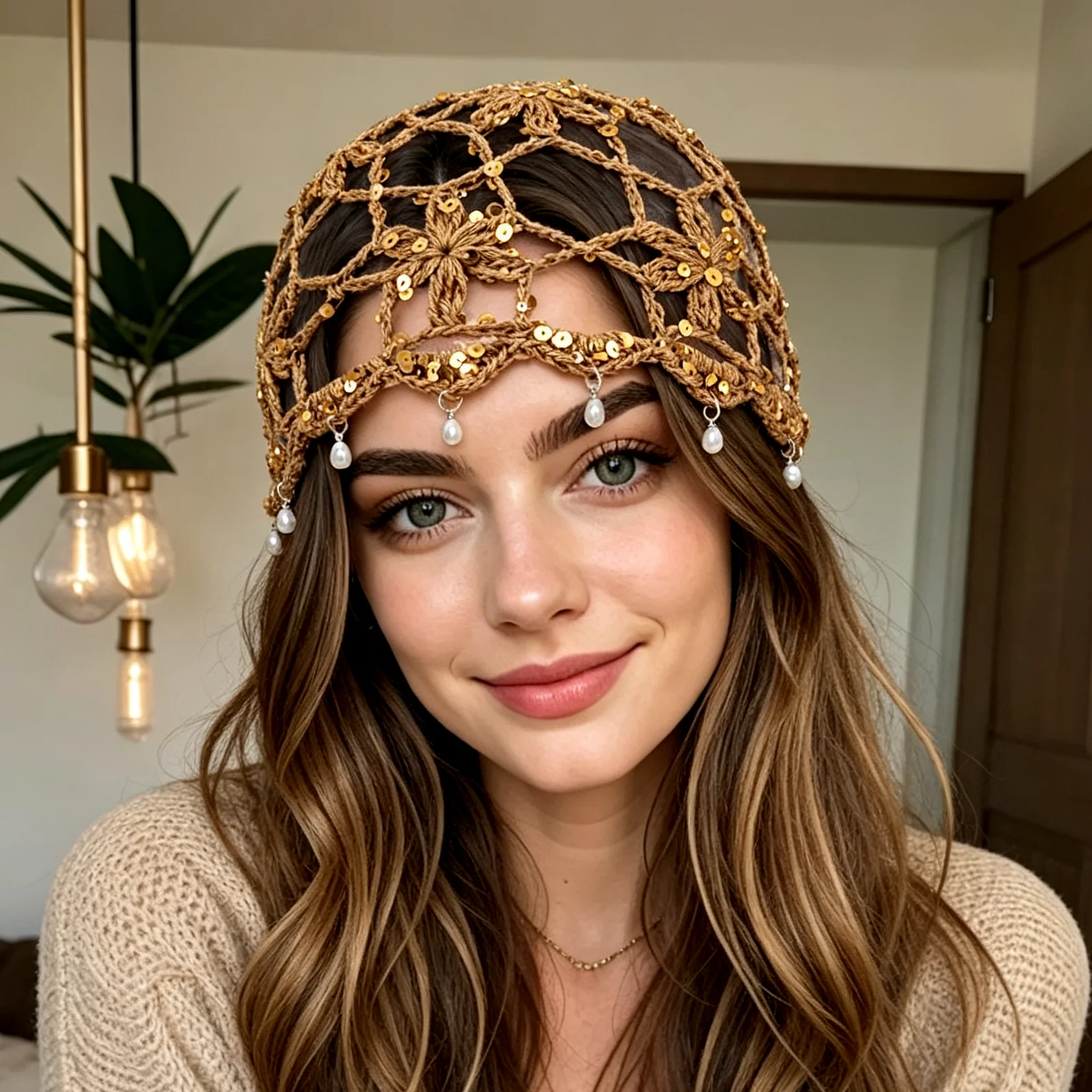 Fashion Sequined Crochet Hat Women Summer Hollow Flower Knitted Hat Pearl Tassel Pullover Hat Sweet Headscarf Hat Mesh Beanie
