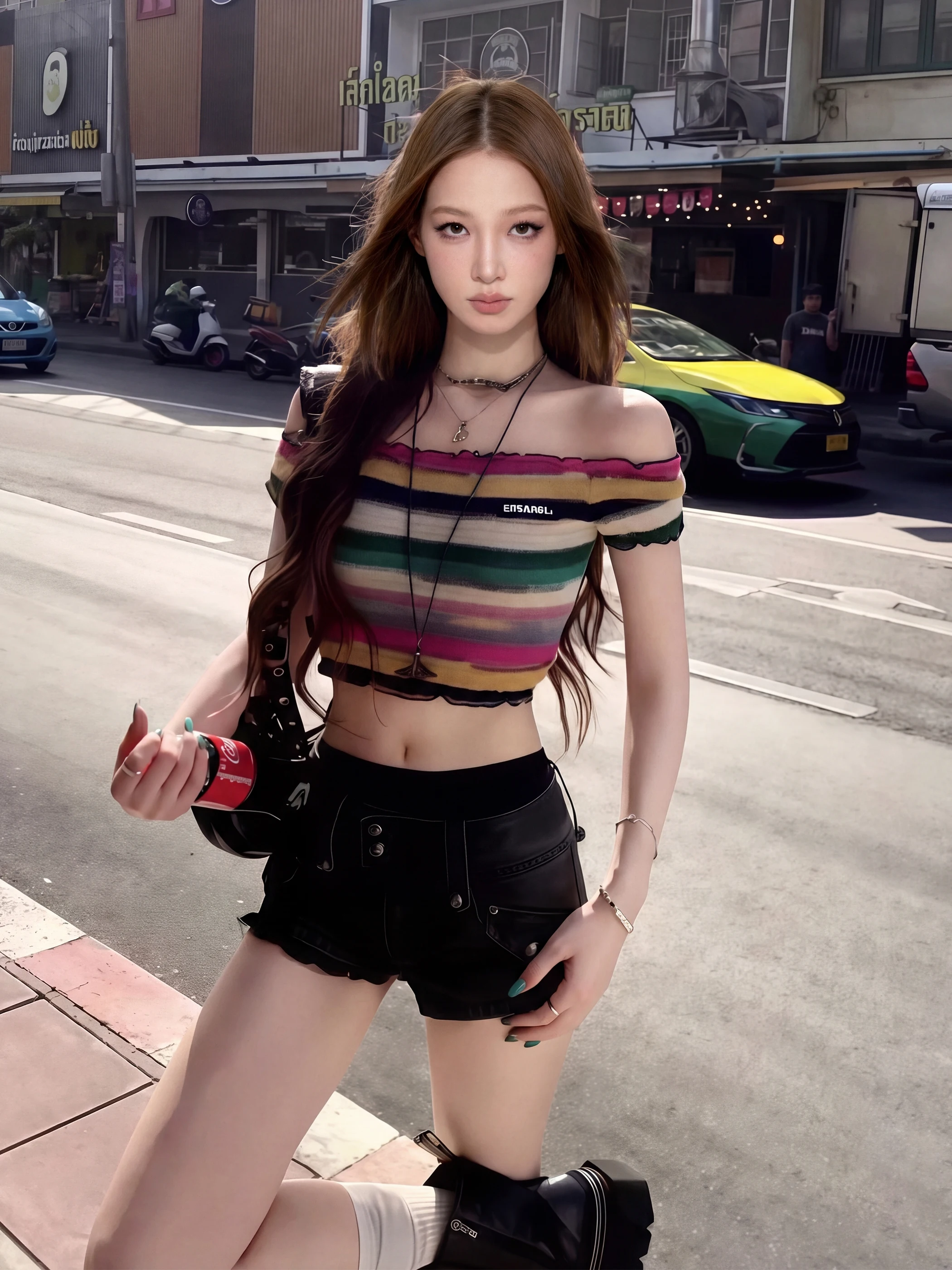 

Spicy Girl One-Shoulder Rainbow Stripes Knitted Short Sleeve Women's Top 2026 Spring Design Slimming Crop Top Base Shirt