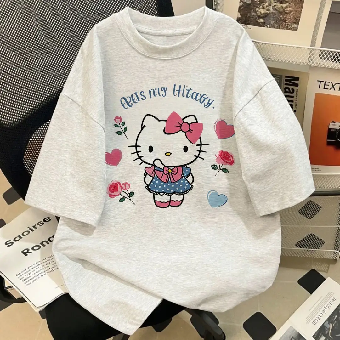 

Hello Kitty Printed Summer New Cotton Women's Short Sleeve Retro Trend Loose Fashion Casual Top 2025 New Harajuku Sleep Wear