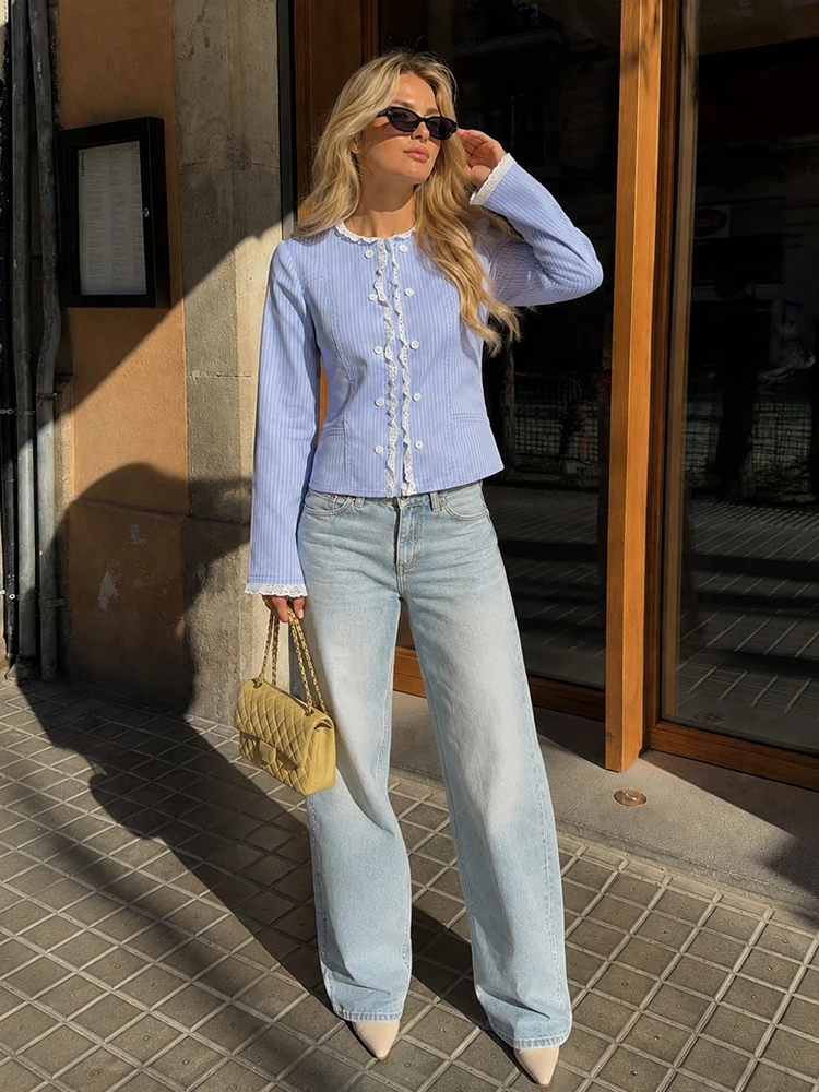 HH Women Summer Blue Striped Cropped Blouse Lace Ruffle Trim Double‑Breasted Button Lace Cuffs Pockets Sweet Daily Dating Shirt