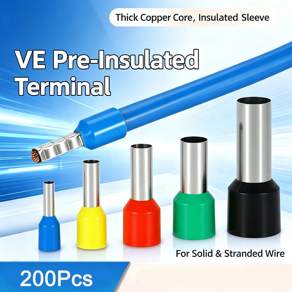 200pcs VE Pre-insulated Wire Ferrules E0508/E1008/E1508/E7508/E2508 Tinned Brass Cord End Terminals 0.5-2.5mm² Crimp Connectors