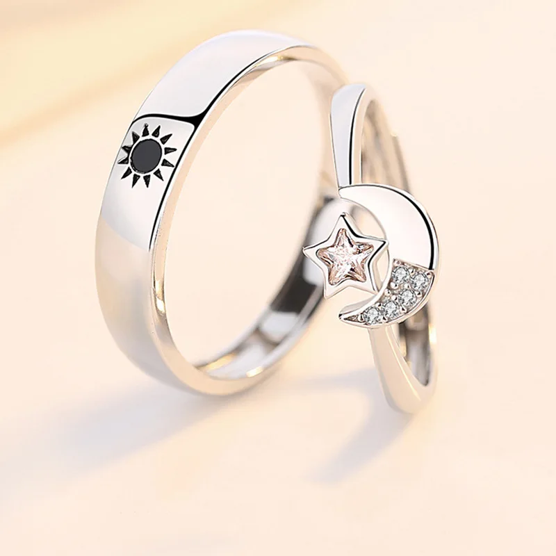 جديد حار بيع فضي اللون أزياء شخصية الزركون نجمة القمر الشمس زوجين حلقة مفتوحة J811 #2