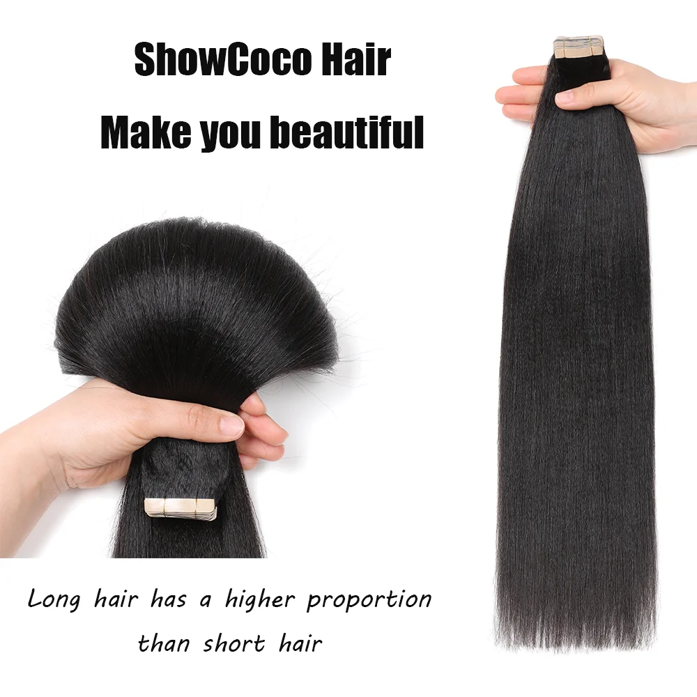 Showcoco-Cinta Yaki ligera en extensiones de cabello, Color Natural, 12 "-24", cinta Invisible sin costuras, 100% cabello humano Real, 20 unids/lote por paquete