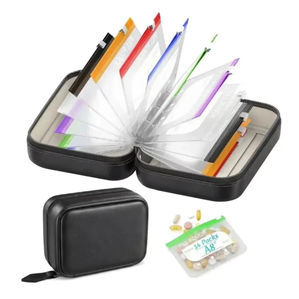 Organisateur de pilules hebdomadaire sans BPA, 7/14 pièces, ensemble de pochettes à médicaments imperméables à code couleur, étui de rangement pour médicaments réutilisable avec fermeture éclair