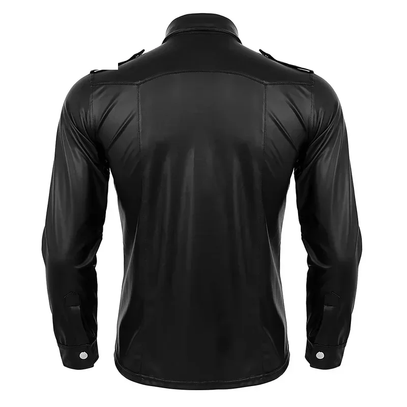 Men Black Matte Leather Shirt Tops Turn Down Collar Long Sleeve PU Blouse Button Nightclub Stage Costumes Clubwear Custom New