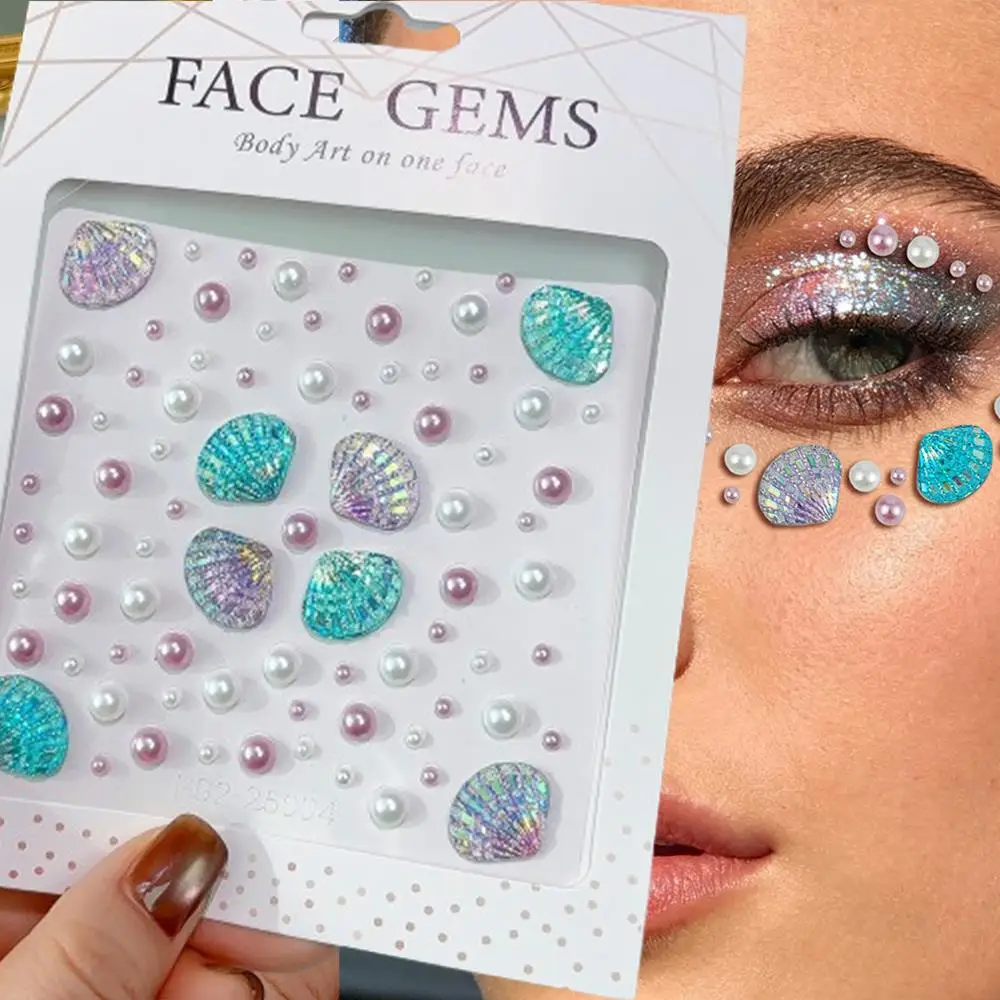 1Sheet 3D Dreamy Shell Pearl Gems Face Stickers Sparkling Mermaid Diamond Temporary Tattoos DIY Body Art Stage Makeup Rhinestone