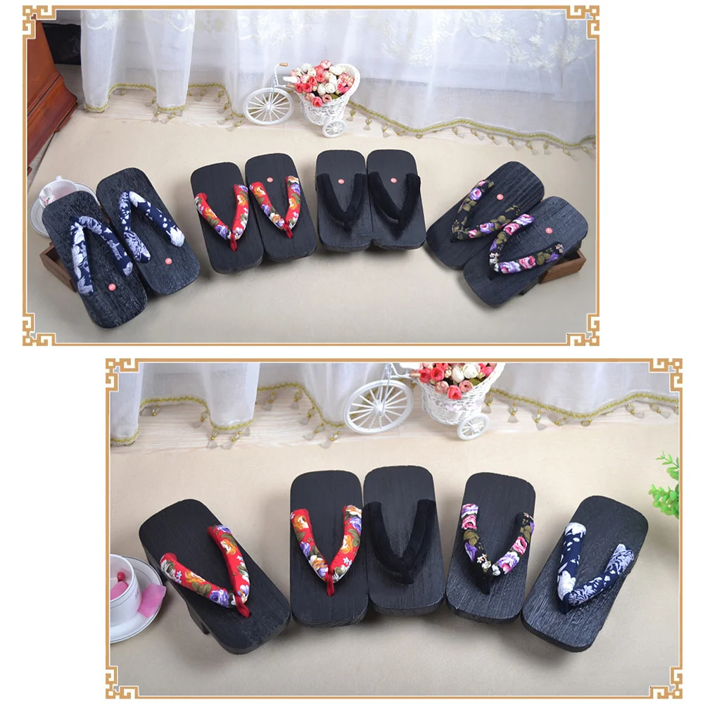 

1Pair Japan Clogs Summer Platform Sandals Red Flower Strip Black Wood Slip-on Flip-Flops Casual Comfortable Slippers for Men
