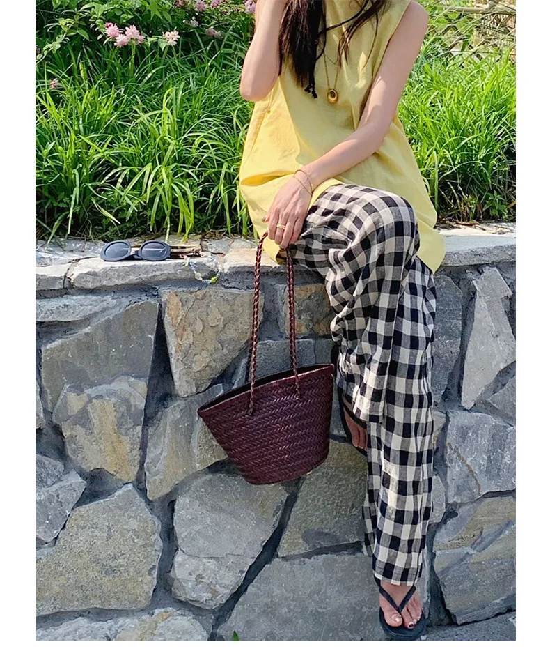 Genuine Leather Handmade Woven Bucket Bag Women French Vintage Basket Cowhide Shoulder Crossbody
