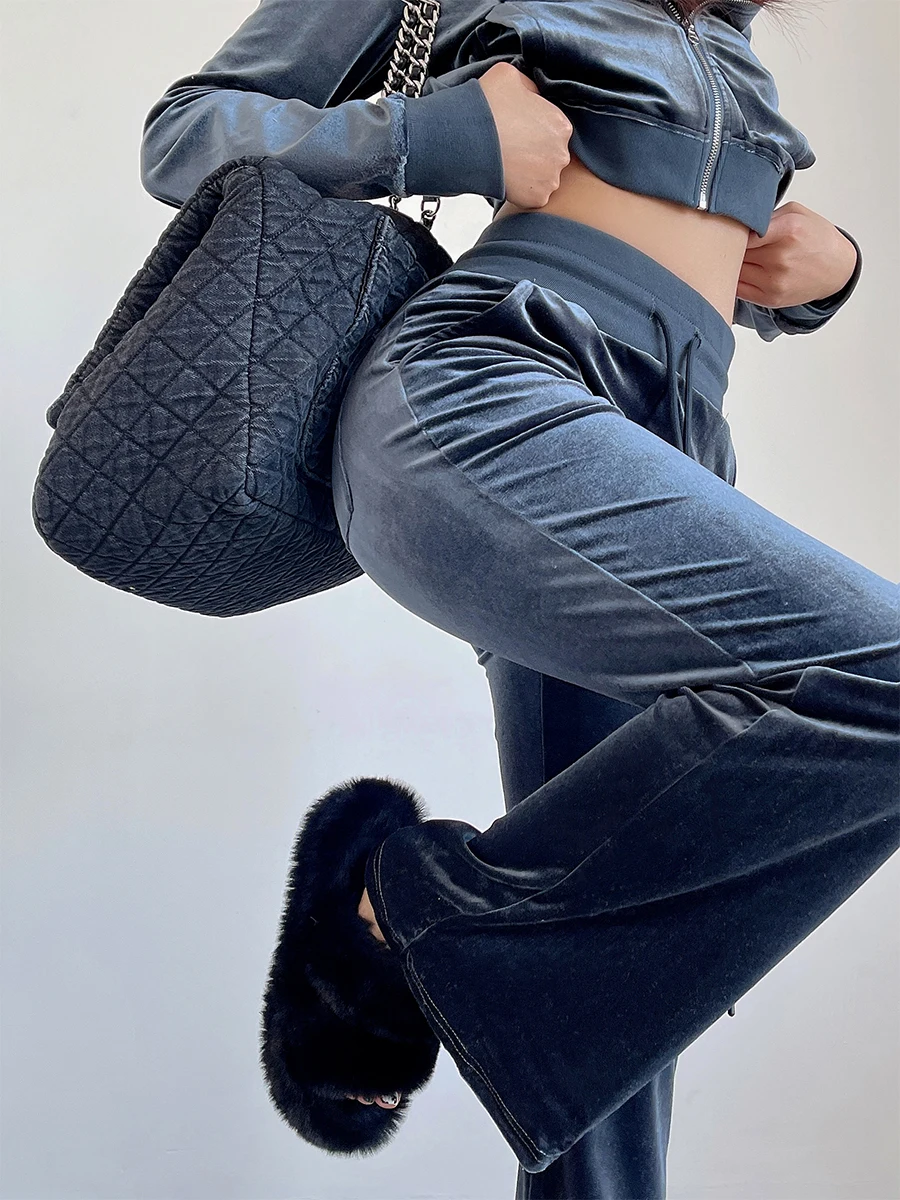 Liviahome American Sle Spicy Girl Velvet Leisure Sports Set Dames Herfst Winter Nieuwe lange broek Tweedelige set Faionable