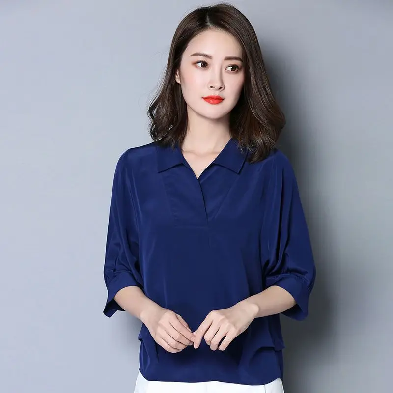 Summer Drape Temperament Tops Ladies Fashion Pullovers Solid Color Interior Lapping Women\'s Clothing Casual 3/4 Sleeve T-Shirts