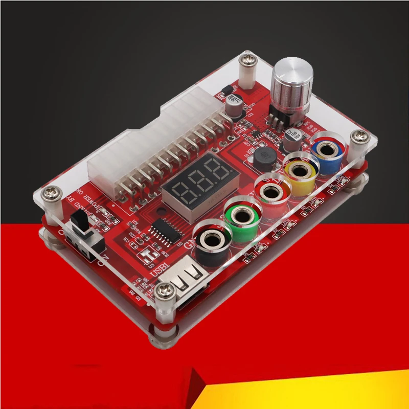 24Pin ATX Power Supply Breakout Board Acrylic Case Kit Module Adapter Power Connector Supports 3.3V/5V/12V 1.8V-10.8V Adjustable