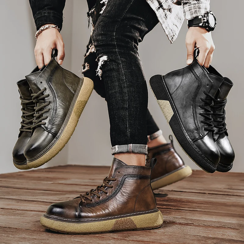 Botas altas, zapatos de cuero para Hombre, botines de motocicleta a la moda para Hombre, Botas de invierno, zapatos de Hombre con cordones, Botas para Hombre