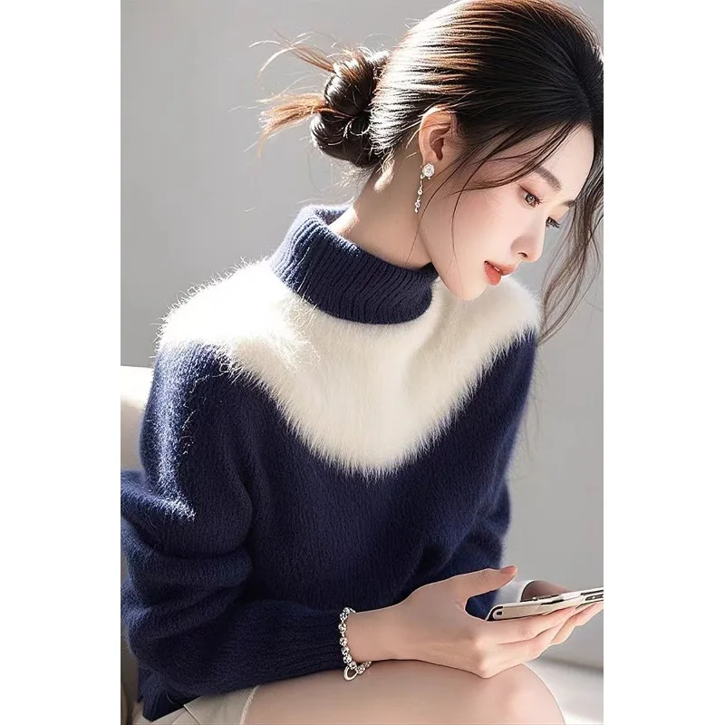 

Thiened High Collar Soft Mouton Knitted Sweater Color Blo Commuter Sle Loose Fit Long Sve Sweater