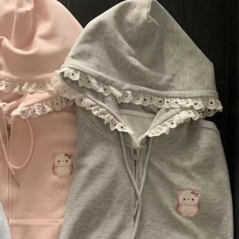 Japanese Cute Cat Embroidery Harajuku Hoodies White Lace Patch Sweet Women Teens E-girl Zipper Sweatshirt Coats Loose Oversized