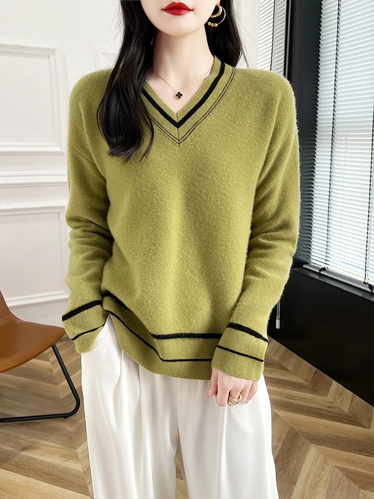 

2024 Women's V-Neck Cashmere Pullover Sweater Autumn Winter Long Sleeve Basic 100% Merino Wool Knitwear Female Clothes Top ﻿