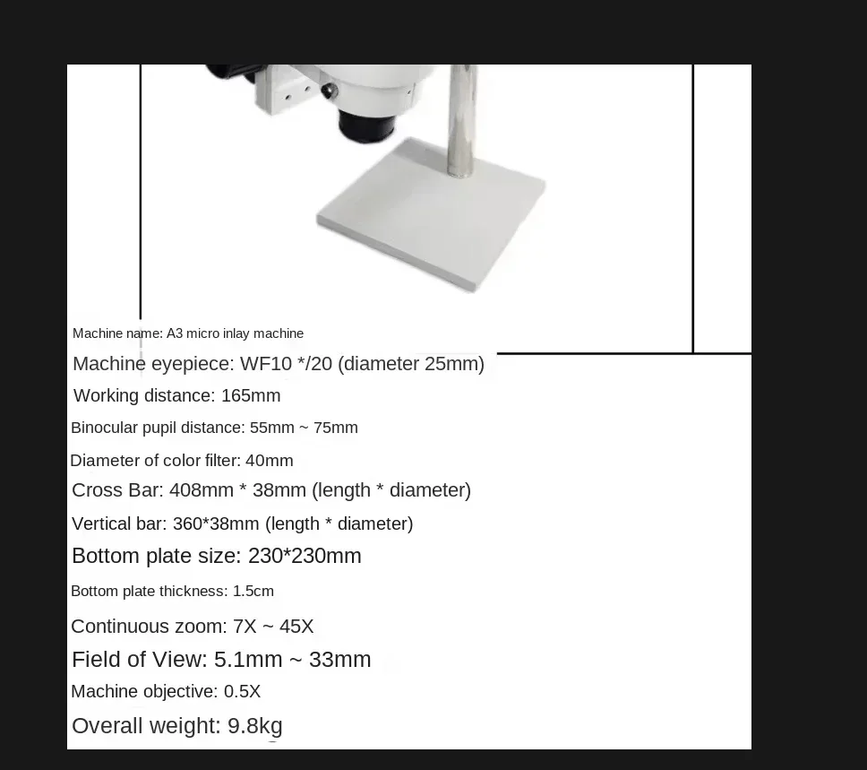 A3 Mini Inlaying Machine Universal Bracket Continuous Zoom Optical Microscope Jewelry Inspection Instrument