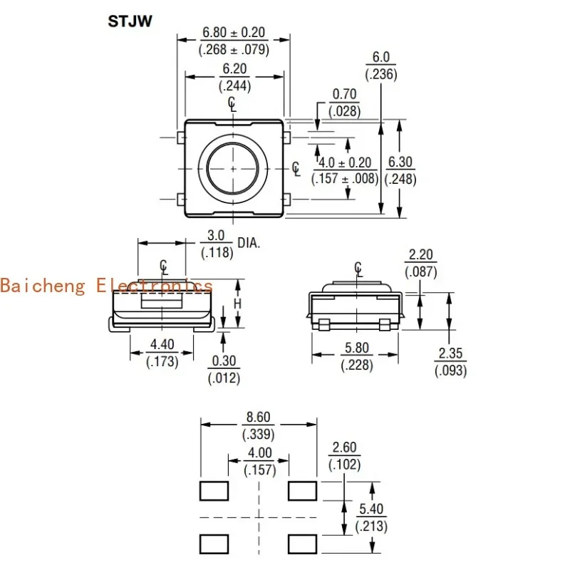 10PCS STJW-660-V waterproof dust touch switch button package with 4-pin 6 * 6 * 3.3 inner patch