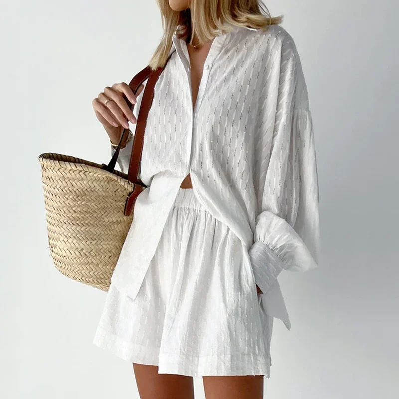 Fashion Long Sleeve Shirt and Shorts Suit 2 Piece Sets Women White Shorts Sets 2024 Summer Hollow Loose Female Outfits 22076