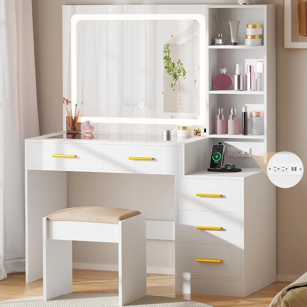 

Makeup Vanity Desk with Mirror and Lights,White Vanity Table with Glass Top,Makeup Desk with Power Outlet,5 Drawers,