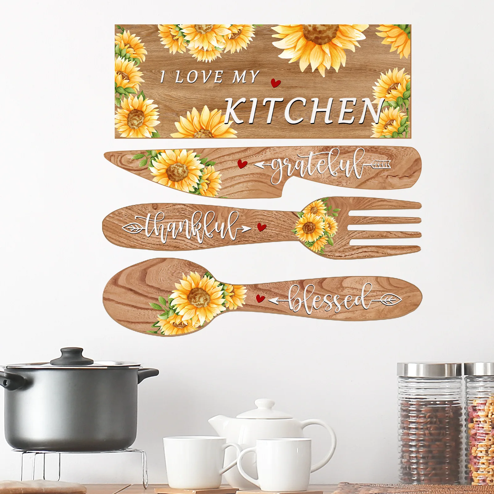 Sunflower Kitchen Wall Stickers English Slogan Cutlery Utensils Waterproof Removable Decals for Kitchen Background Home Decor