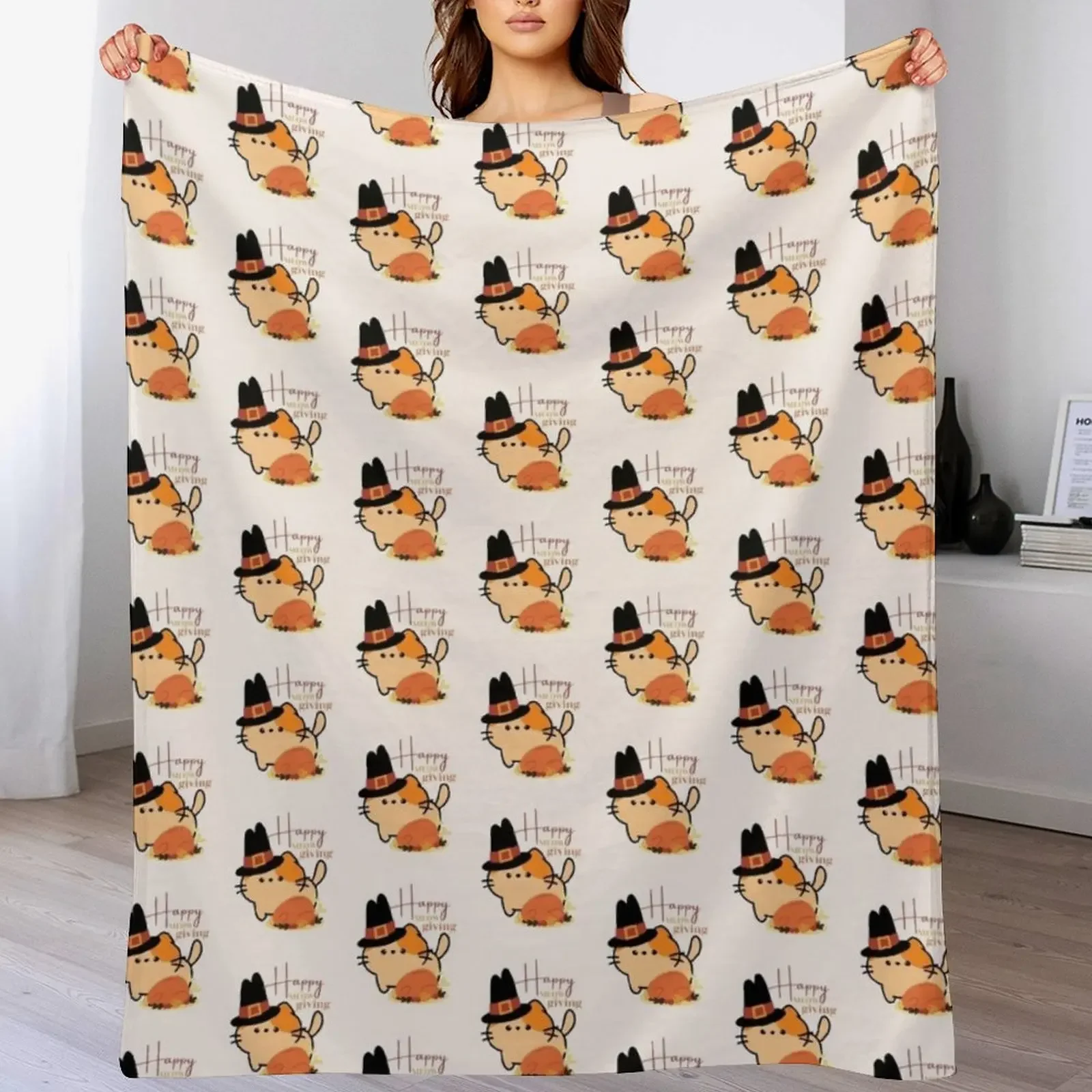 Happy Meowgiving Cute Cat with Pilgrim Hat and Turkey Throw Blanket Stylish Warm Blanket for Living Room Bedroom