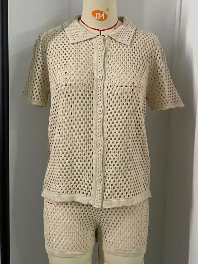 Women's Summer Knited 2 Two Pieces Sets Suit Hollow Out Short Sleeve Single Breasted Tops And Shorts Pants Beach Holiday