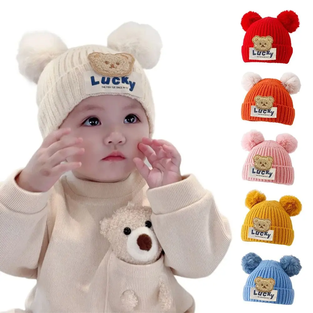 4-24 Months Winter Baby Beanies with Pop Lucky Bear Warm Newborn Ear Protection Hat Cartoon Toddler Kids Woolen Knit Hat