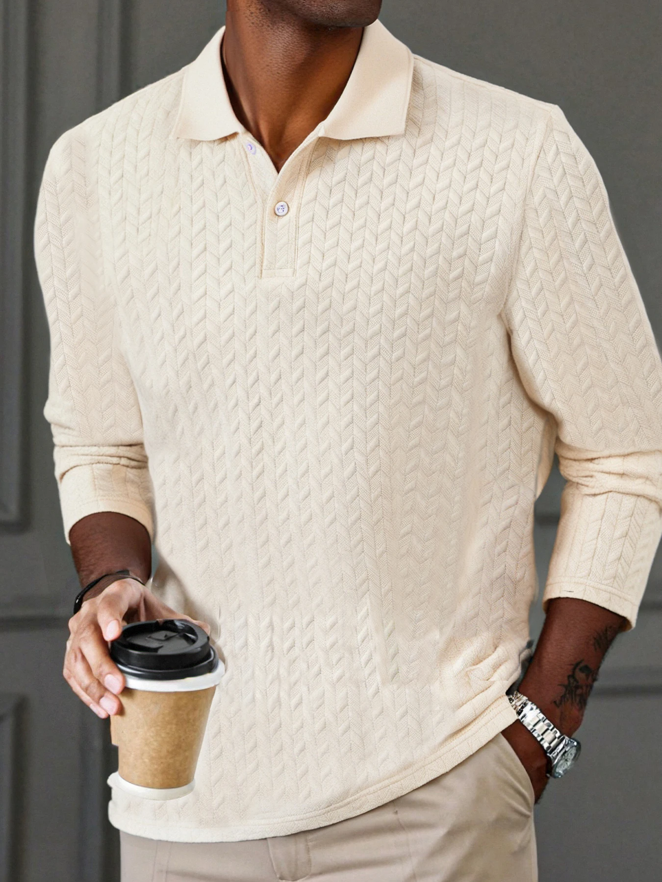 

Men's Long Sleeve Textured Polo Shirt: Knitted Pattern for Smart Casual Daily Wear