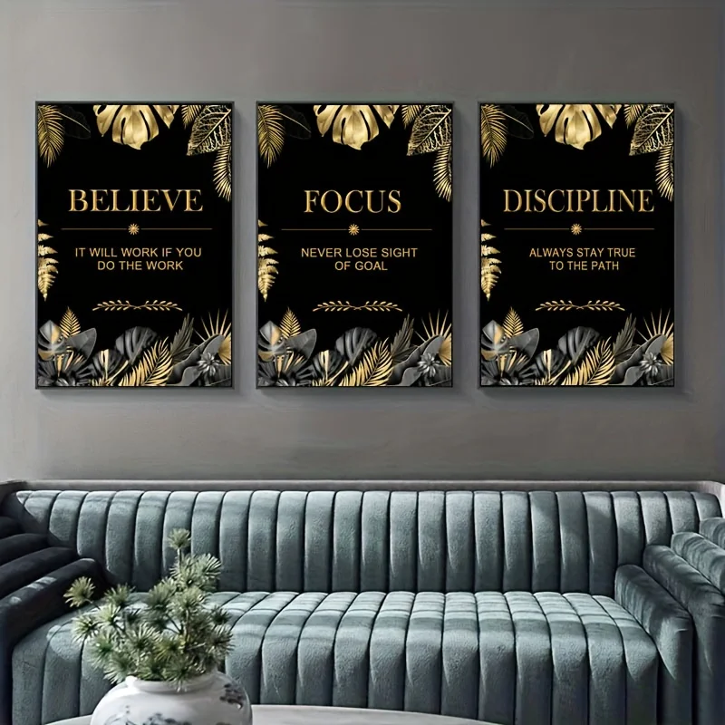 3pcs Luxury Art Canvas Wall Art Poster Believe Focus Discipline Motivation Inspirational Quote Poster Modern Home Decor Unframed