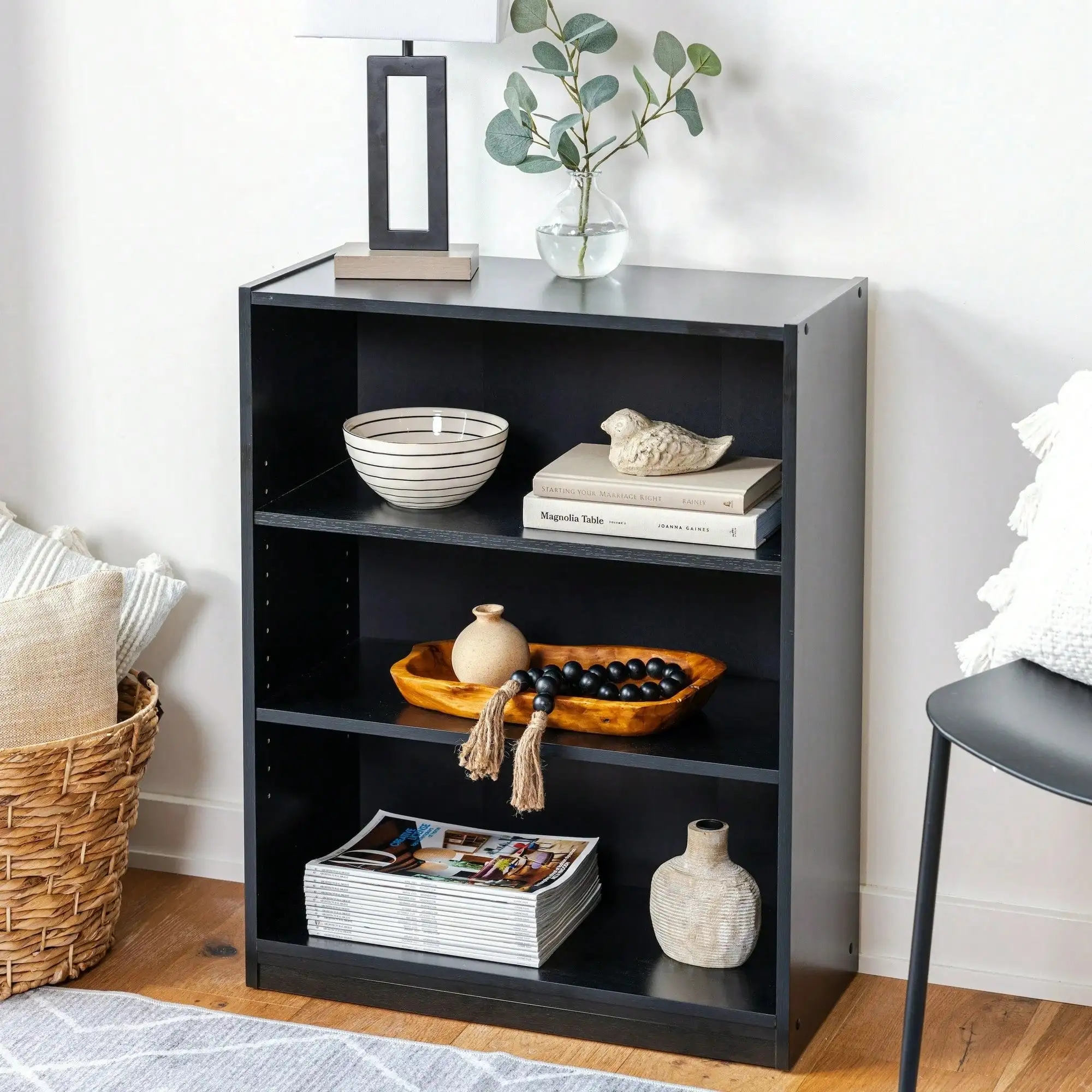 3-tier bookshelf with adjustable shelves, solid black oak, suitable for bedroom, study, living room