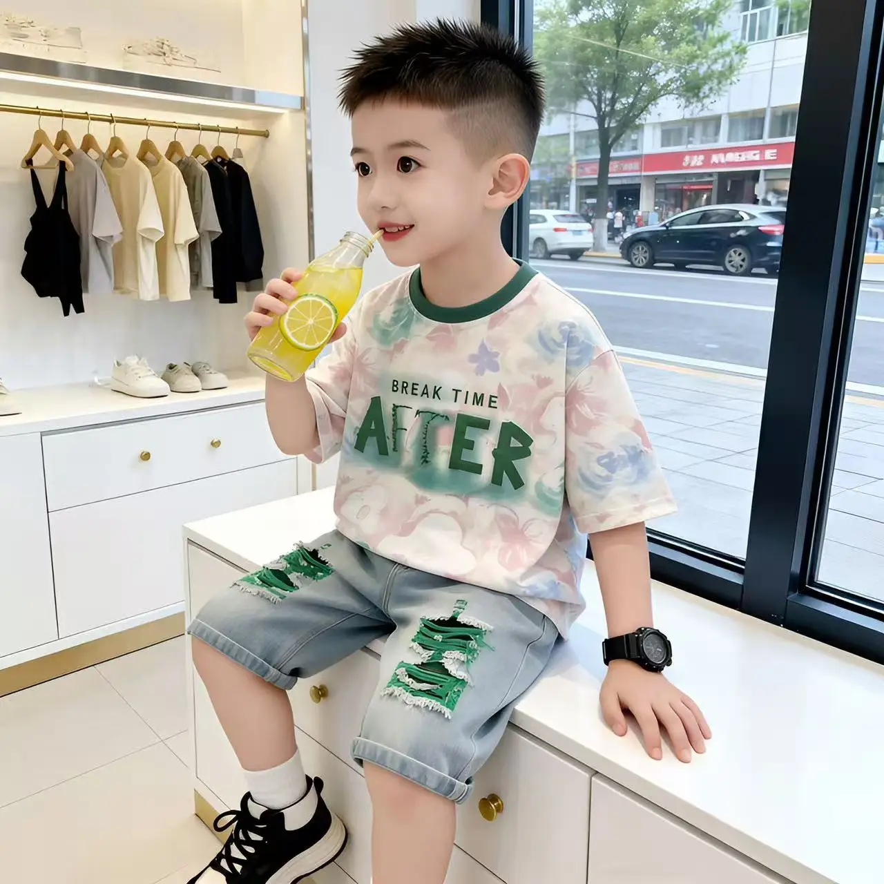 Summer New Baby Boys Clothes ashion Sports T-Shirt + Ripped Denim Shorts Sets for Toddler Infant Clothing Casual Outfits