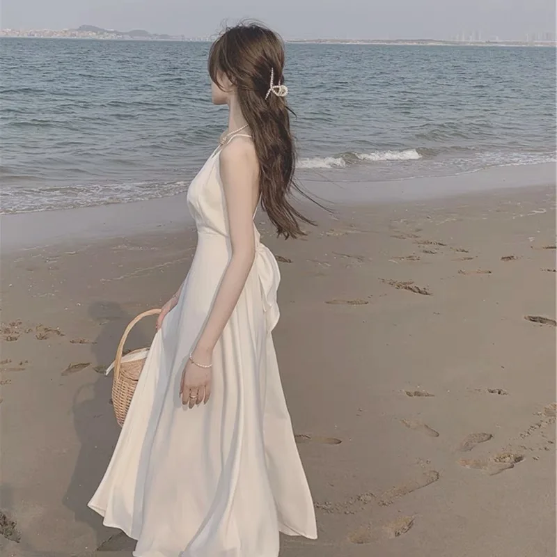 여성용 민소매 백리스 멜빵 드레스, 화이트 롱 드레스, 섹시한 슬림 하이 웨이스트 이브닝 드레스, 여름 2023 신상 
