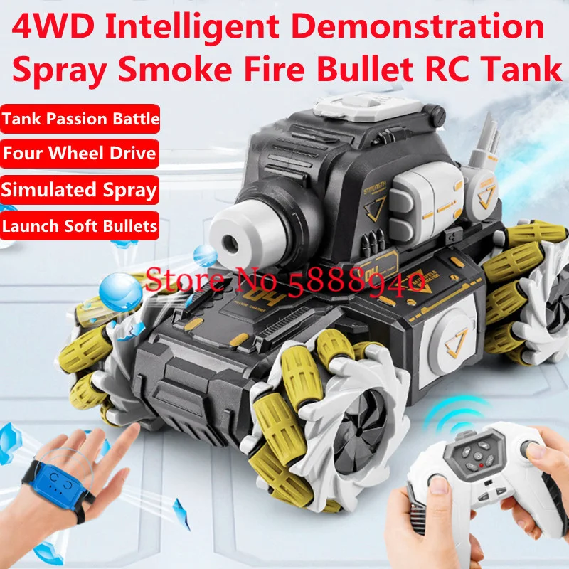 Simulated Spray Smoke 4WD Battle RC Tank Toy 2.4G Launch Water Bomb Auto DEMO Cool Light Watch Sensing Remote Control Tank Model