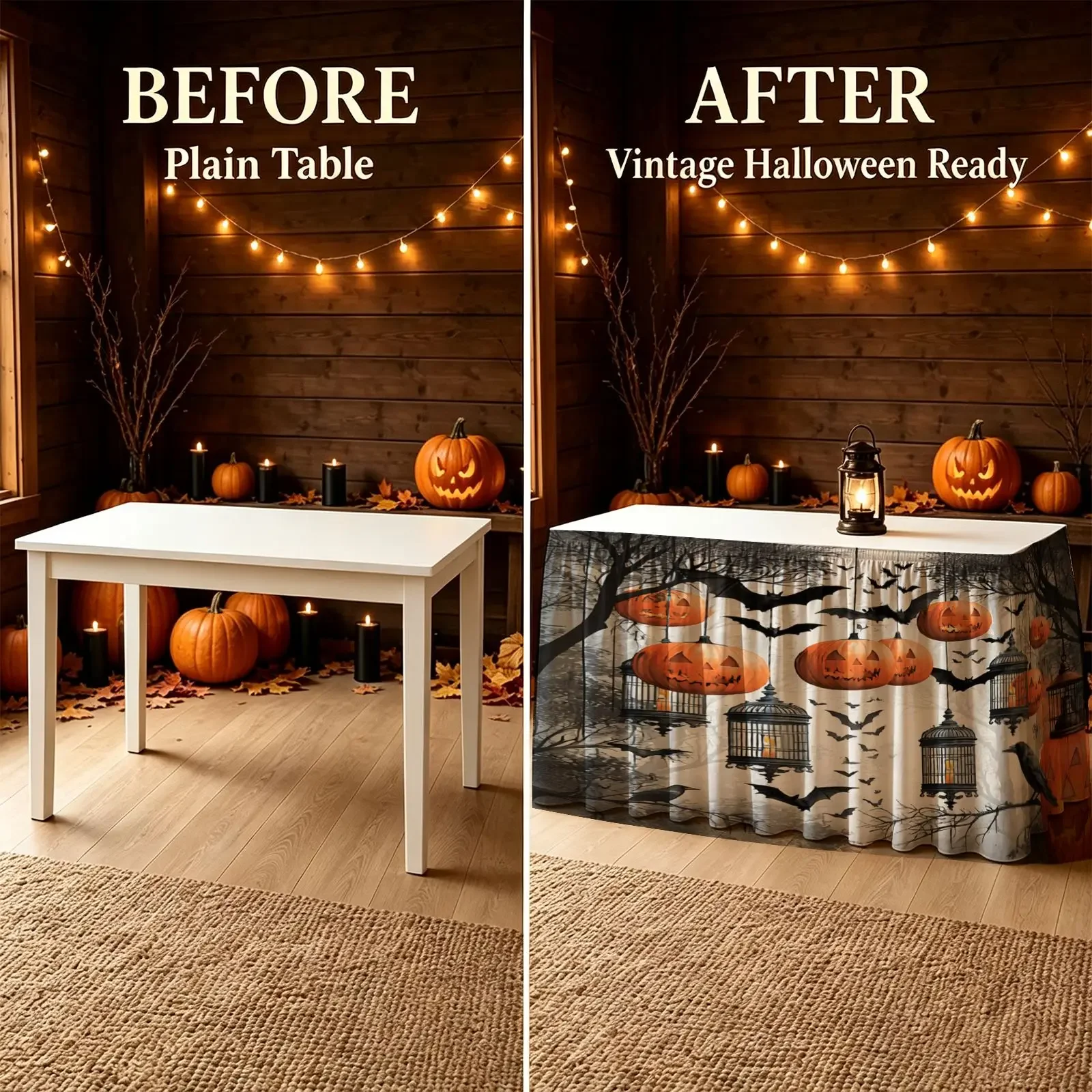 Halloween Christmas Party Tablecloth 1 piece - Horror-themed tablecloth, featuring pumpkins, bats, crows, and birdcages