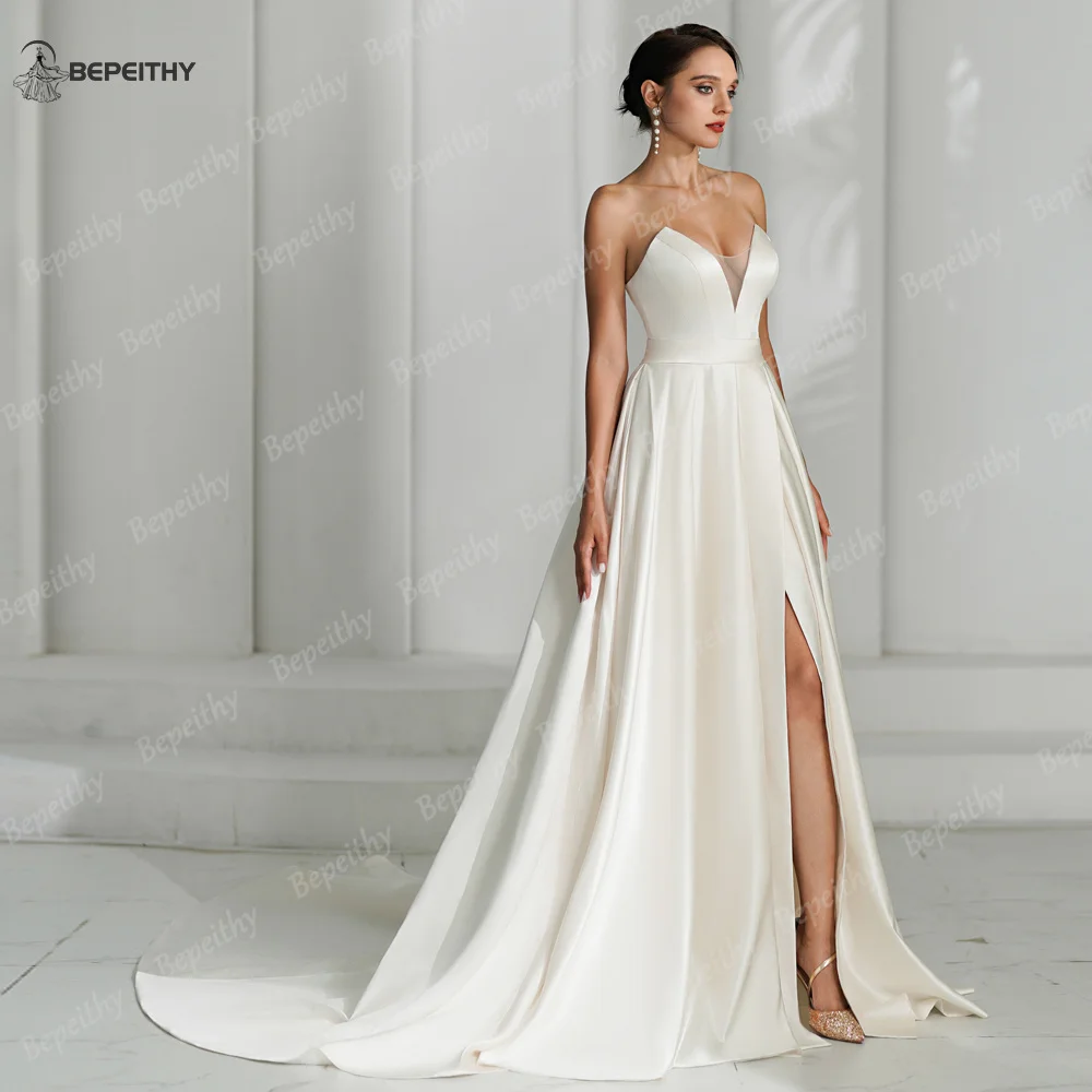 BEPEITHY Customized Ivory Satin A Line Wedding Dress For Women 2024 Sweetheart Sexy High Slit Sweep Train Bride Boho Bridal Gown