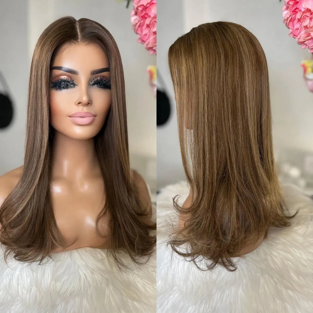 20 Inches Slightly Wave Ombre Honey Brown Blonde Highlights 13*4 HD Transparent Lace Syntehtic Wigs High Quality Glueless Wigs