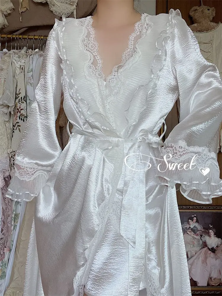 Sexy Night Dress Sleepwear Women White Robe Ruffled Lingerie Bridesmaid Gift Bathrobe Party Pajamas Nightgown Dressing Home Suit