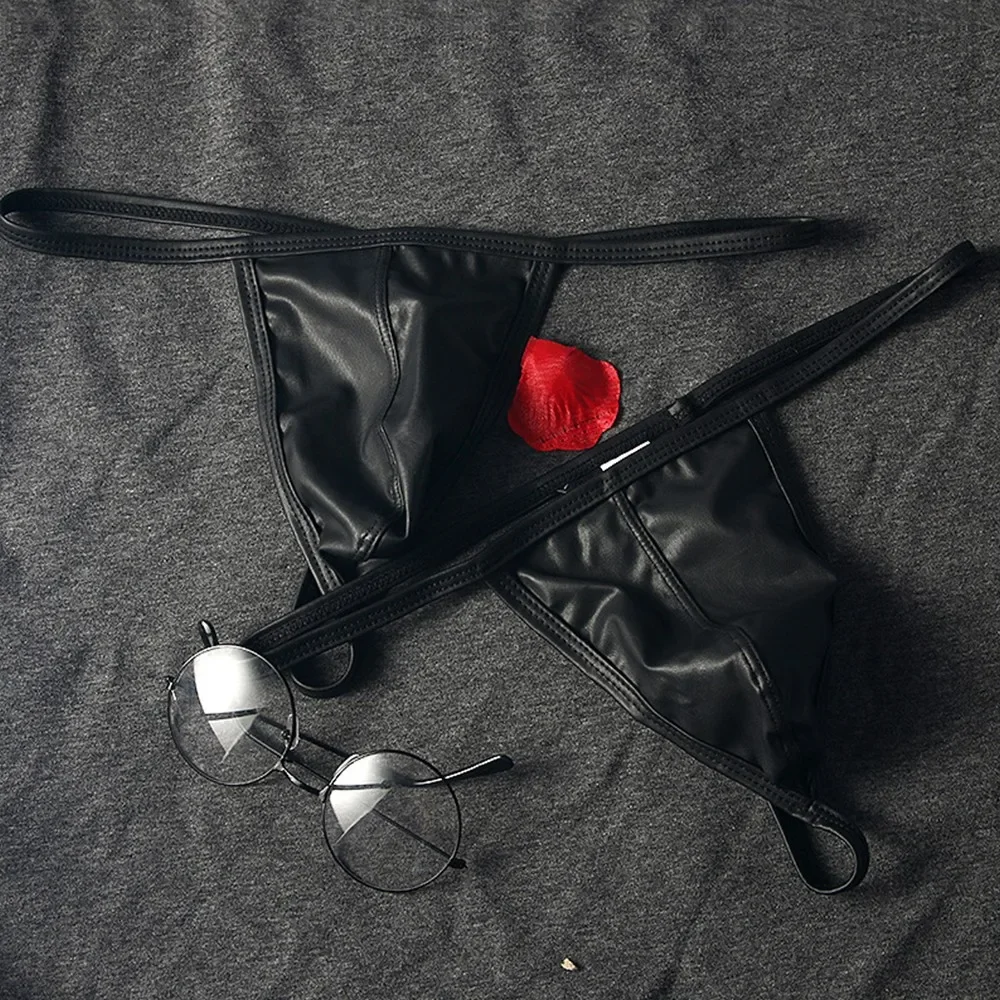 

Faux Leather Men T-Back Thongs Low Waist G-string Underwear Sexy T-Back Underpants Bugle Pouch Panties Bright PU Lingerie S/M/L