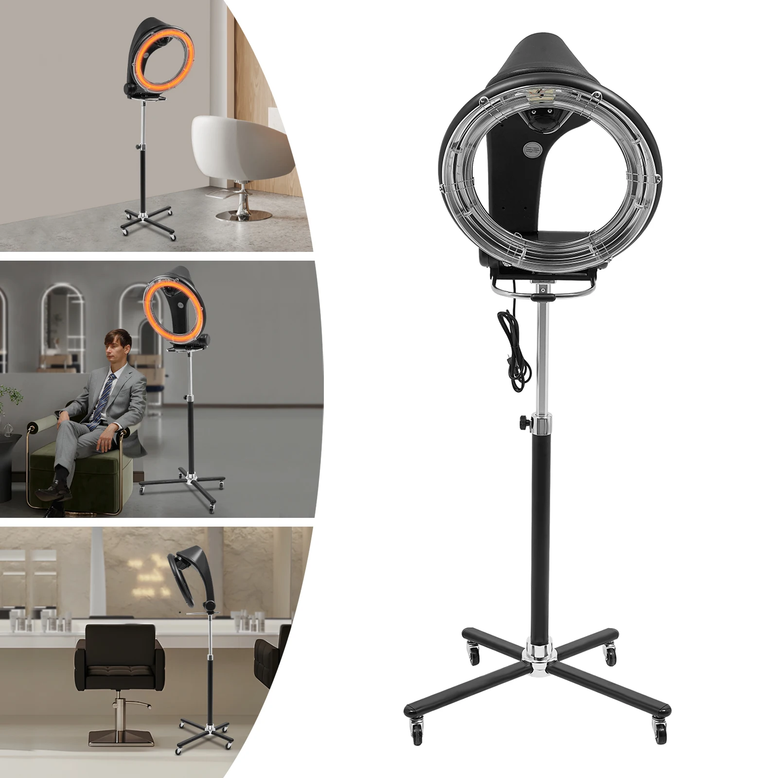 Secador de pelo de pie de 1000 W y 110 V, secador de pelo de altura ajustable con ruedas, 360 ° Calentador de anillo giratorio, para barbería, salón