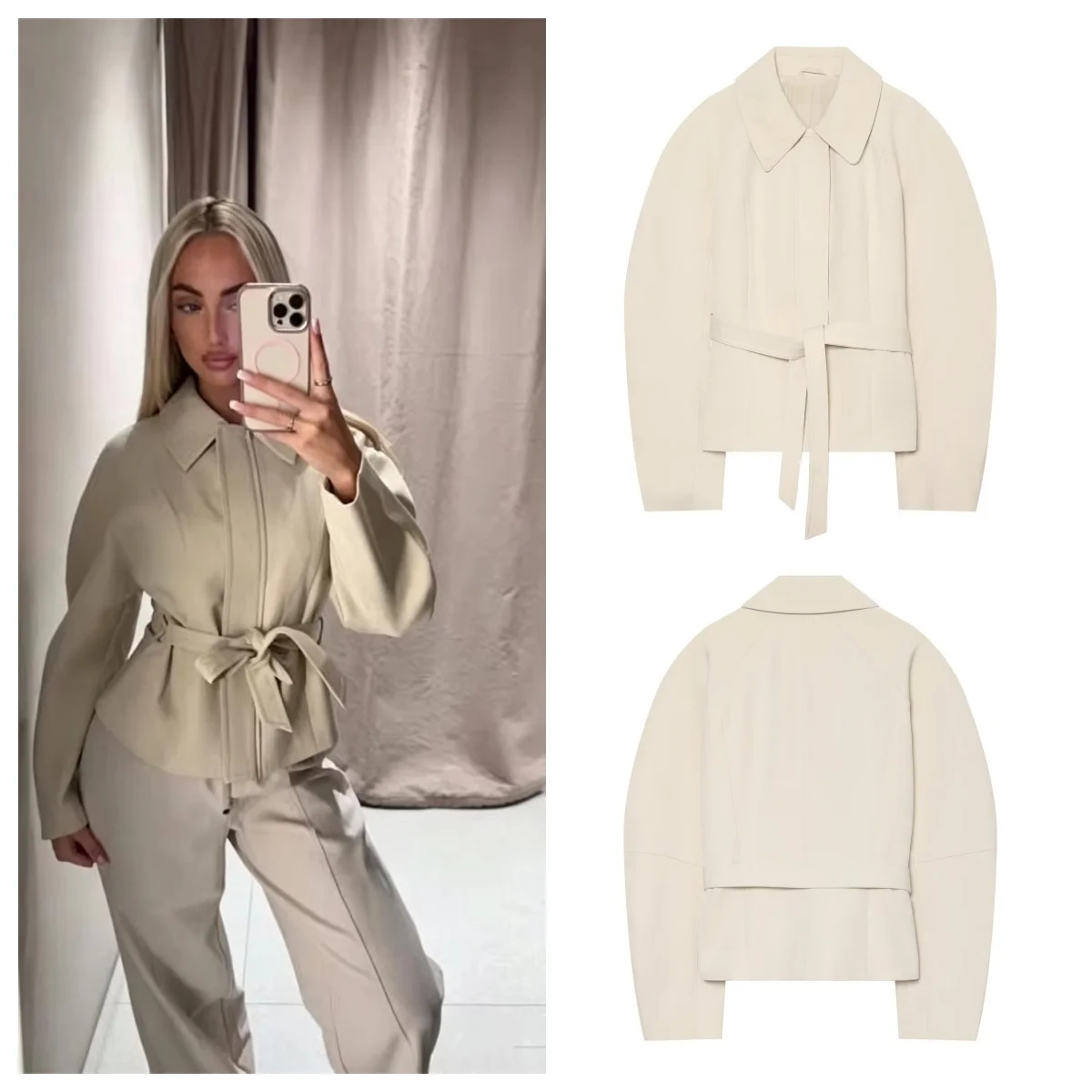 Guobioziy Women's Winter Jacket with Belt New 2026 Autumn Lapel Simple Loose Fit Women's Fashion Nine-Point Short Skirt Jacket