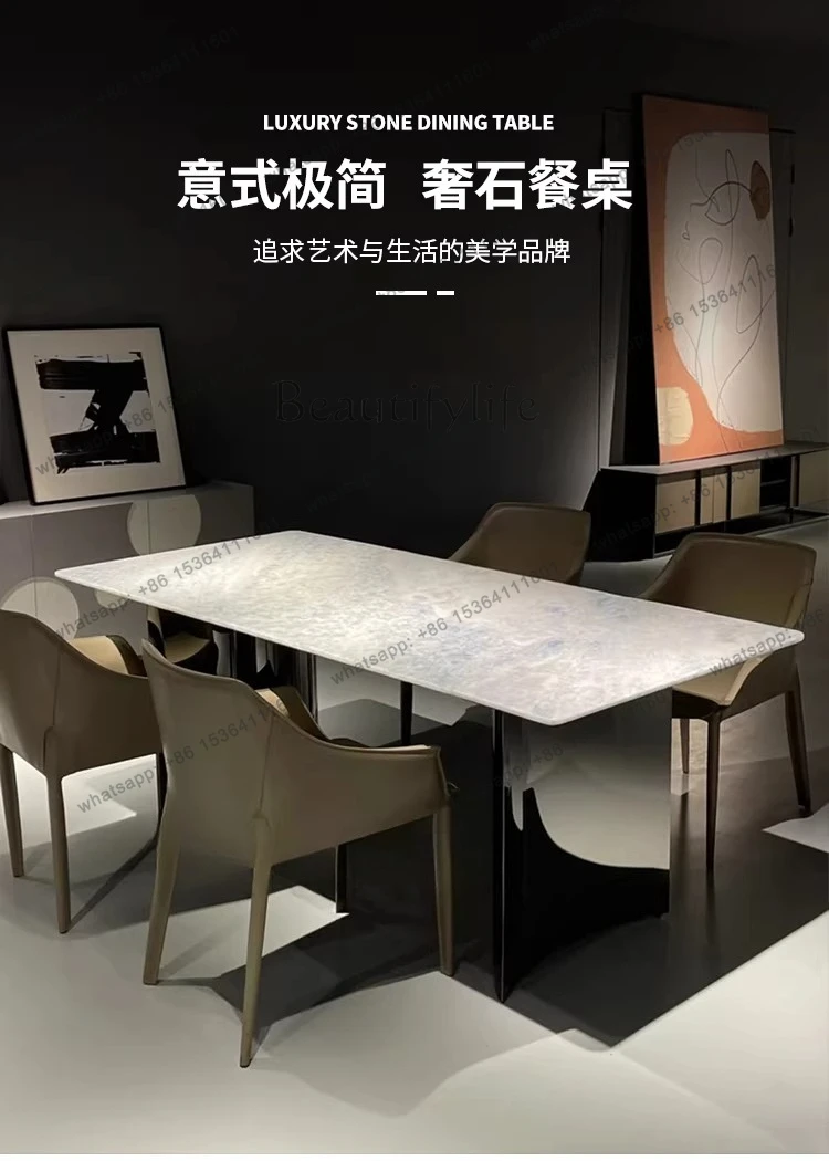 Blue crystal pure natural marble dining table rectangular high-end luxury stone dining table