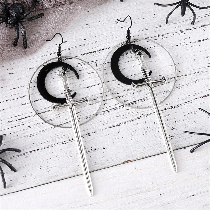 diy-accessories-cross-border-new-fashion-gothic-silver-ring-black-moon-longsword-earrings-exaggerated-personality-witch-warrior