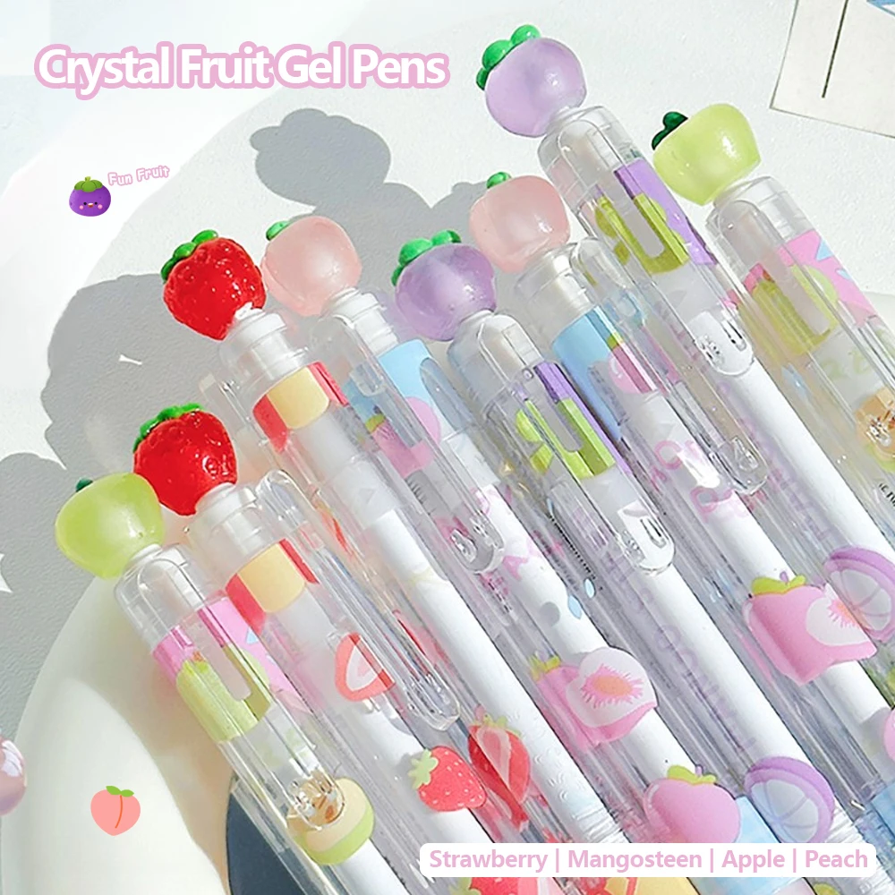 

4 упаковки забавных гелевых ручек с кристаллами и фруктами, креативная вращающаяся быстросохнущая ручка 0,5 мм, прозрачная бочка для ручки, минималистичный стиль для школы