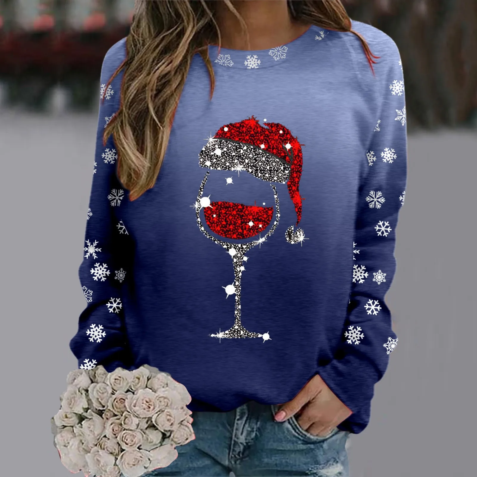 Jersey con estampado navideño Para Mujer, Camiseta holgada de manga larga con estampado de copa de vino, Sudaderas con capucha, Blusas Para Mujer