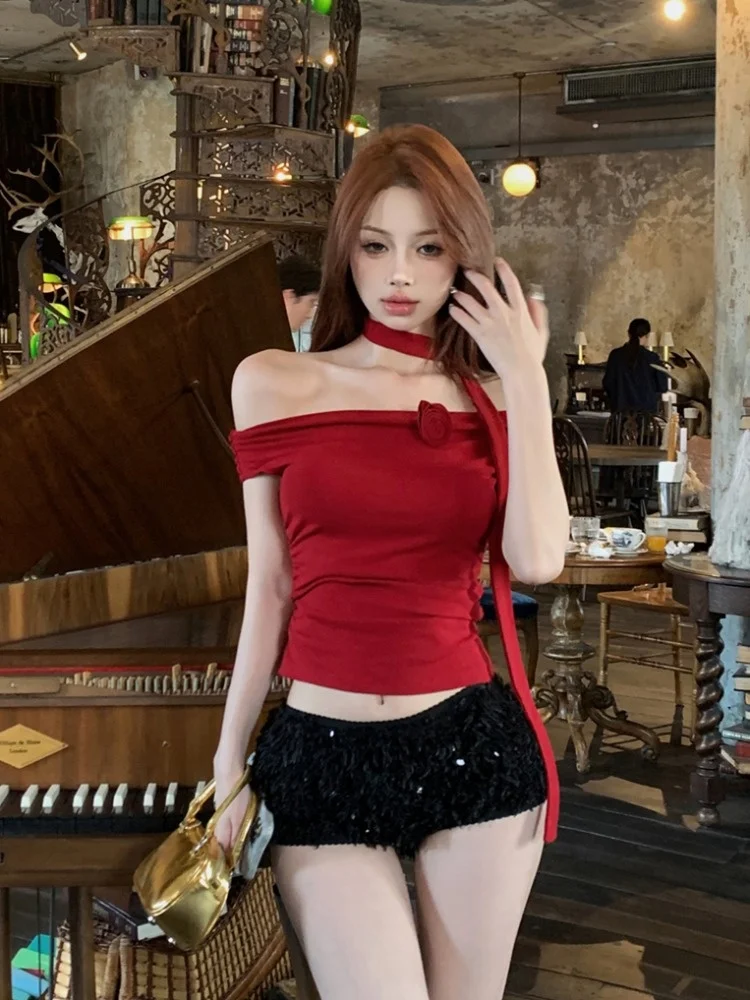 

Sexy Red One-Shoulder Tight Fit Short Sleeve T-Shirt Women's Summer Fashion Casual Vintage Style Commute Wind Pure Desire