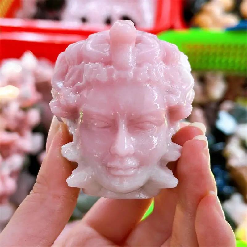 

Natural Pink Opal Medusa Skull Carving Polished Skull Statue Healing Reiki Gems Crafts For Wicca Decoration 1pcs