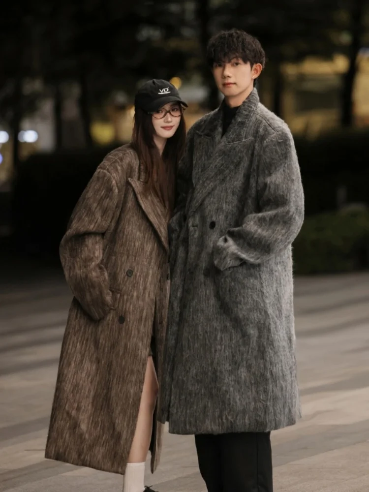 

Couples Long Over-Knee Woolen Coat Double-Breasted Windbreaker Autumn Winter Mid-Length Briti Sle Tweed Jaet Faionabl...