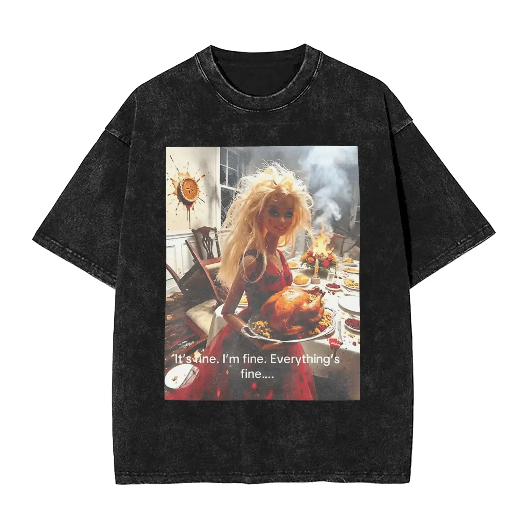 Funny Disgusting Doll face Meme It's Fine I'm Fine Washed T-Shirt Men  Y2K Funny Cotton T-Shirts Summer O Neck Harajuku Tees
